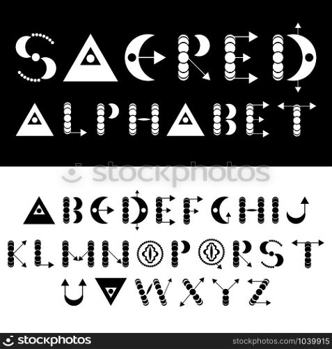 Sacred vector alphabet font. Geometric English letters. Moon phases and other symbols. Elements for design. Sacred vector alphabet font. Geometric English letters. Moon phases and other symbols