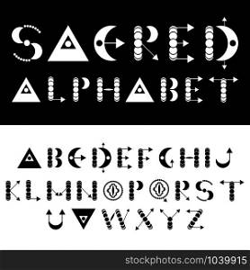 Sacred vector alphabet font. Geometric English letters. Moon phases and other symbols. Elements for design. Sacred vector alphabet font. Geometric English letters. Moon phases and other symbols