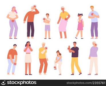 Sad adults, elders and kids with pain in neck, stomach and headache. Cartoon people with hurting back, wrist, throat and chest vector set. Ache in different body parts, urgent medicine. Sad adults, elders and kids with pain in neck, stomach and headache. Cartoon people with hurting back, wrist, throat and chest vector set