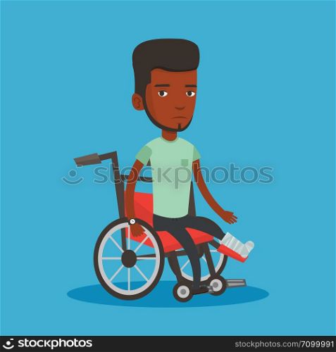 Sad african-american man with leg in plaster. Injured upset man sitting in wheelchair with broken leg. Man with fractured leg suffering from pain. Vector flat design illustration. Square layout.. Man with broken leg sitting in wheelchair.