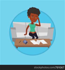 Sad african-american woman calculating home bills. Woman sitting on sofa and accounting costs and mortgage for paying home bills. Vector flat design illustration in the circle isolated on background.. Unhappy african woman accounting home bills.