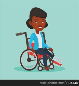 Sad african-american woman with leg in plaster. Injured upset woman sitting in wheelchair with broken leg. Woman with fractured leg suffering from pain. Vector flat design illustration. Square layout.. Woman with broken leg sitting in wheelchair.
