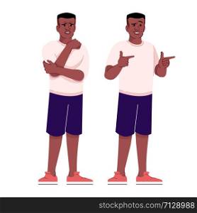 Sad and flirting man flat vector illustration. Unhappy and playful mood. Heartbroken and joyful african american guy isolated cartoon characters with outline elements on white background