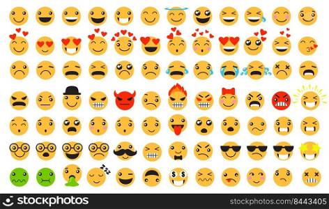Sad and happy emoticons set. Smiling, laughing, crying, angry, furious, unhappy, smart cartoon yellow faces. Can be used for emotion expressions, online chats, feeling concept