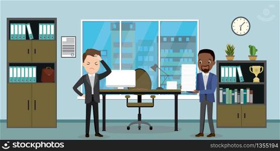 Sad and tired caucasian male employee and african american boss with a stack of papers,office interior with furniture,flat vector illustration