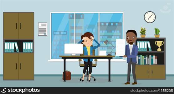 Sad and tired female employee and male boss with a stack of papers,office interior with furniture,flat vector illustration