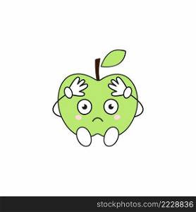 Sad Apple sits and holds his head. Funny children’s cartoon character. Vector illustration for fruit cards.
