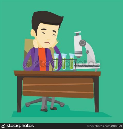 Sad asian student clutching head after failed experiment in chemistry class. Disappointed asian student carrying out experiment in chemistry class. Vector flat design illustration. Square layout.. Student working at laboratory class.