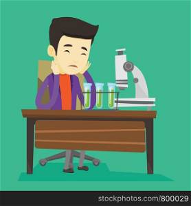 Sad asian student clutching head after failed experiment in chemistry class. Disappointed asian student carrying out experiment in chemistry class. Vector flat design illustration. Square layout.. Student working at laboratory class.