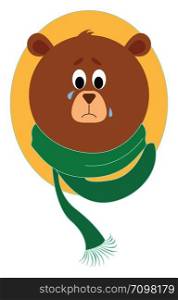 Sad bear with scarf, illustration, vector on white background.