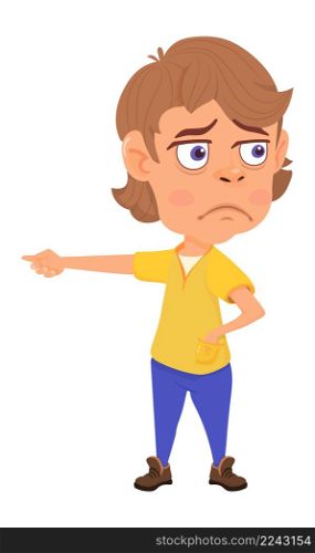 Sad boy points at left direction. Cartoon character isolated on white background.. Sad boy points at left direction. Cartoon character.