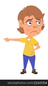 Sad boy points at left direction. Cartoon character isolated on white background.. Sad boy points at left direction. Cartoon character.
