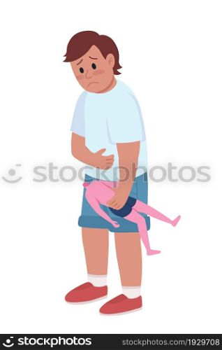 Sad boy with broken toy semi flat color vector character. Standing figure. Full body person on white. Childhood isolated modern cartoon style illustration for graphic design and animation. Sad boy with broken toy semi flat color vector character
