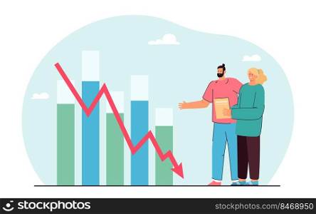 Sad business people looking at financial bar graph going down. Down arrow, profit loss flat vector illustration. Finances, economy, crisis concept for banner, website design or landing web page