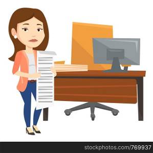 Sad business woman standing in office with long bill. Disappointed business woman holding long bill. Business woman looking at long bill. Vector flat design illustration isolated on white background.. Business woman holding long bill.