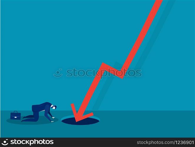 Sad businessman fail with falling down red arrow graph financial crisis