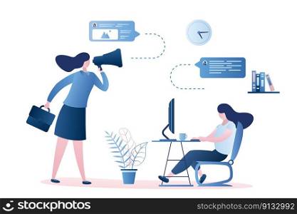 Sad businesswoman boss using megaphone and female employee on workplace,business people talking,office communication,speech bubbles with signs,characters in trendy style,vector illustration