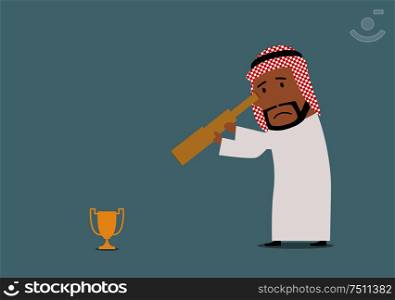 Sad cartoon arabian businessman looking at small golden trophy cup through spyglass. Business competition or disappointment theme usage. Arabian businessman looking at prize