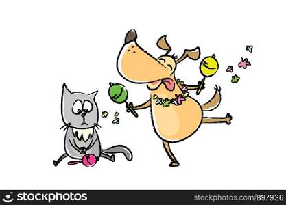 Sad cat and happy dog dances with maracas,isolated on white background,hand drawn vector illustration. Sad cat and happy dog dances with maracas