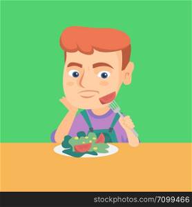 Sad caucasian boy refusing to eat salad with healthy vegetables. Little boy with unhappy facial expression sitting at the table in front of vegetables salad. Vector cartoon illustration. Square layout. Boy refusing to eat salad with healthy vegetables.