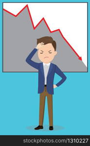 Sad caucasian businessman with falling red graph,business problem concept,flat vector illustration