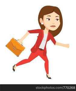 Sad caucasian businesswoman with briefcase in hand running. Businesswoman running in a hurry. Disappointed businesswoman running forward. Vector flat design illustration isolated on white background.. Sad business woman running vector illustration.
