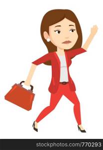 Sad caucasian businesswoman with briefcase in hand running. Businesswoman running in a hurry. Disappointed businesswoman running forward. Vector flat design illustration isolated on white background.. Sad business woman running vector illustration.