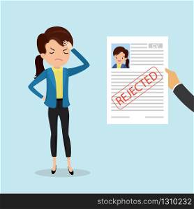 Sad caucasian female,hand holding cv resume paper with red stamp- rejected,failed job search concept,aggrieved office worker or business woman,flat vector illustration