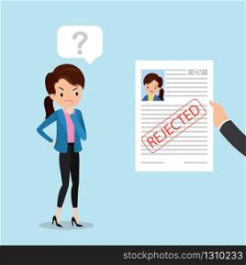 Sad caucasian female,hand holding cv resume paper with red stamp- rejected,failed job search concept,aggrieved office worker or business woman,flat vector illustration