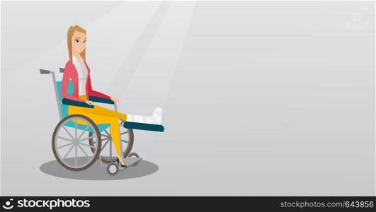 Sad caucasian woman with leg in plaster. Injured upset woman sitting in a wheelchair with broken leg. Woman with fractured leg suffering from pain. Vector flat design illustration. Horizontal layout.. Woman with broken leg sitting in a wheelchair.