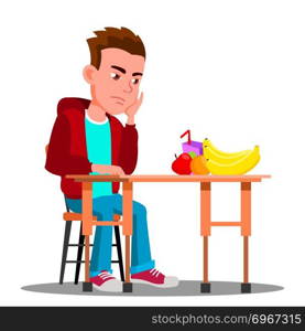 Sad Child At The Table With Food Refuses To Eat Vector. Illustration. Sad Child At The Table With Food Refuses To Eat Vector. Isolated Illustration