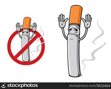 Sad cigarette in cartoon style as a restricted sign