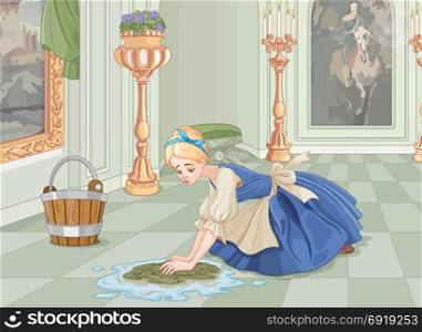 Sad Cinderella cleaning the floor with floor cloth