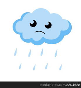 Sad cloud with rain. Kawaii character. Blue object of sky. Symbol of cloudy weather, water drop. Mascot of weather forecast. Flat cartoon. Sad cloud with rain. Kawaii character
