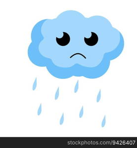 Sad cloud with rain. Kawaii character. Blue object of sky. Symbol of cloudy weather, water drop. Mascot of weather forecast. Flat cartoon. Sad cloud with rain. Kawaii character.