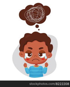 Sad crying black ethnic boy and bubble with confused thoughts, search for an answer. Vector illustration in cartoon style. Psychological concept thinking, depression, thoughts, doubts, longing