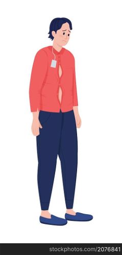 Sad customer in tight clothes semi flat color vector character. Posing figure. Full body person on white. Shopping isolated modern cartoon style illustration for graphic design and animation. Sad customer in tight clothes semi flat color vector character