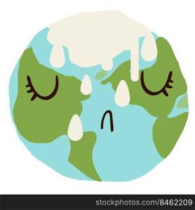 Sad cute planet earth crying with ice melting down. Global warming climate change concept vector illustration isolated on white.. Sad cute planet earth crying with ice melting down.
