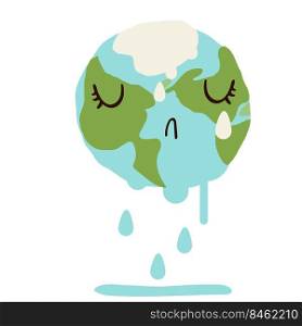 Sad cute planet earth melting down and crying. Global warming climate change concept vector illustration isolated on white.. Sad cute planet earth melting down and crying.