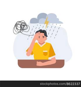 Sad depressed man with stress problem, depressed male character holding his head and sitting under rain alone. Vector illustration.