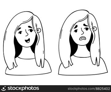 Sad depressive and joyful girl. Female portraits in cartoon doodle style. Vector linear hand drawing. Female emotional character portrait for use as icons, avatars for social networks, design