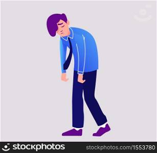 Sad disapointed person in depression walks with his head down. Character with lowered shoulders upset by financial crisis economic failure unemployed man with broken career vector business loss.. Sad disapointed person in depression walks with his head down. Character with lowered shoulders upset by financial crisis.