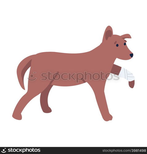 Sad dog with broken leg semi flat color vector character. Standing figure. Full body animal on white. Veterinarian visit simple cartoon style illustration for web graphic design and animation. Sad dog with broken leg semi flat color vector character