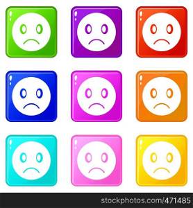 Sad emoticons of 9 color set isolated vector illustration. Sad emoticons 9 set