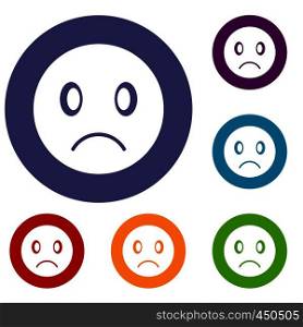Sad emoticons set in flat circle reb, blue and green color for web. Sad emoticons set