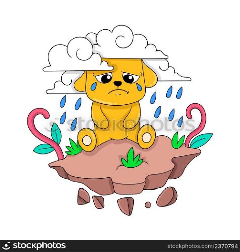 sad faced puppy crying in heavy rain