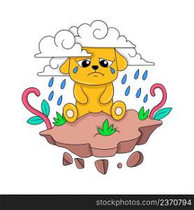 sad faced puppy crying in heavy rain