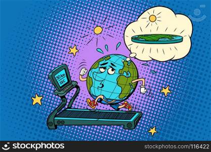 sad Fat Earth on the treadmill. Dream to lose weight. Sport fitness and healthy lifestyle. Sport fitness and healthy lifestyle. Comic book cartoon pop art retro drawing illustration. sad Fat Earth on the treadmill. Dream to lose weight. Sport fitn