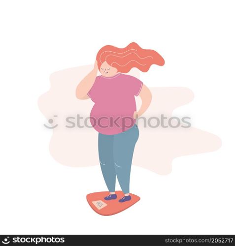 Sad fat woman stands on the scales,weight loss problem concept,flat vector illustration