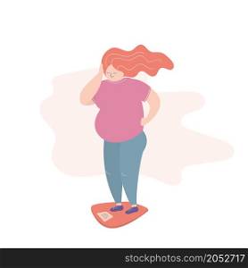 Sad fat woman stands on the scales,weight loss problem concept,flat vector illustration